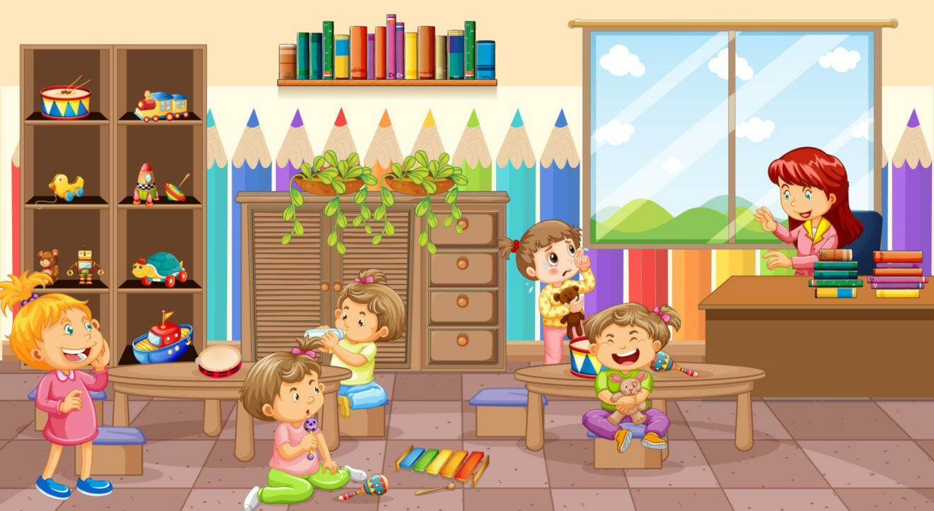 صورة تظهر أطفال داخل الغرفة الصفية يلعبون بنشاط وبصورة مرنة